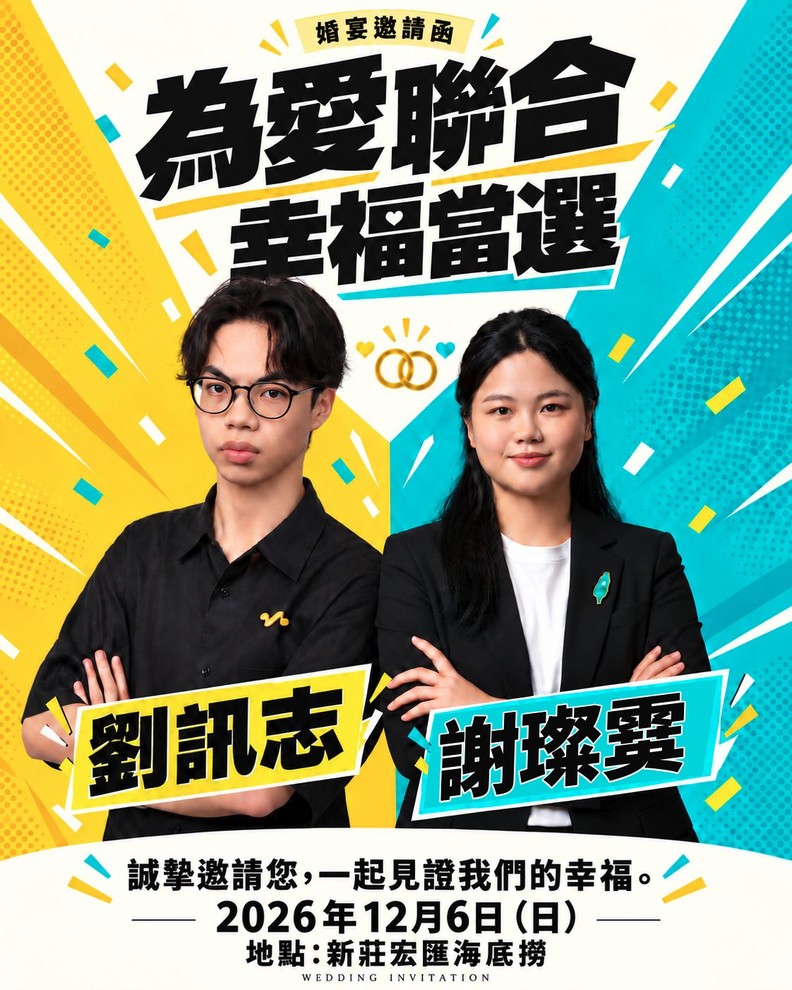 劉訊志與謝璨霙的競選風婚宴邀請函：為愛聯合，幸福當選。2026年12月6日，新莊宏匯海底撈。